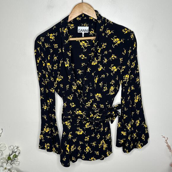 GANNI Floral Crepe Bell Sleeve Wrap Ruffle Top Black Yellow Sz 44/XL $345 {M17} - Picture 4 of 8